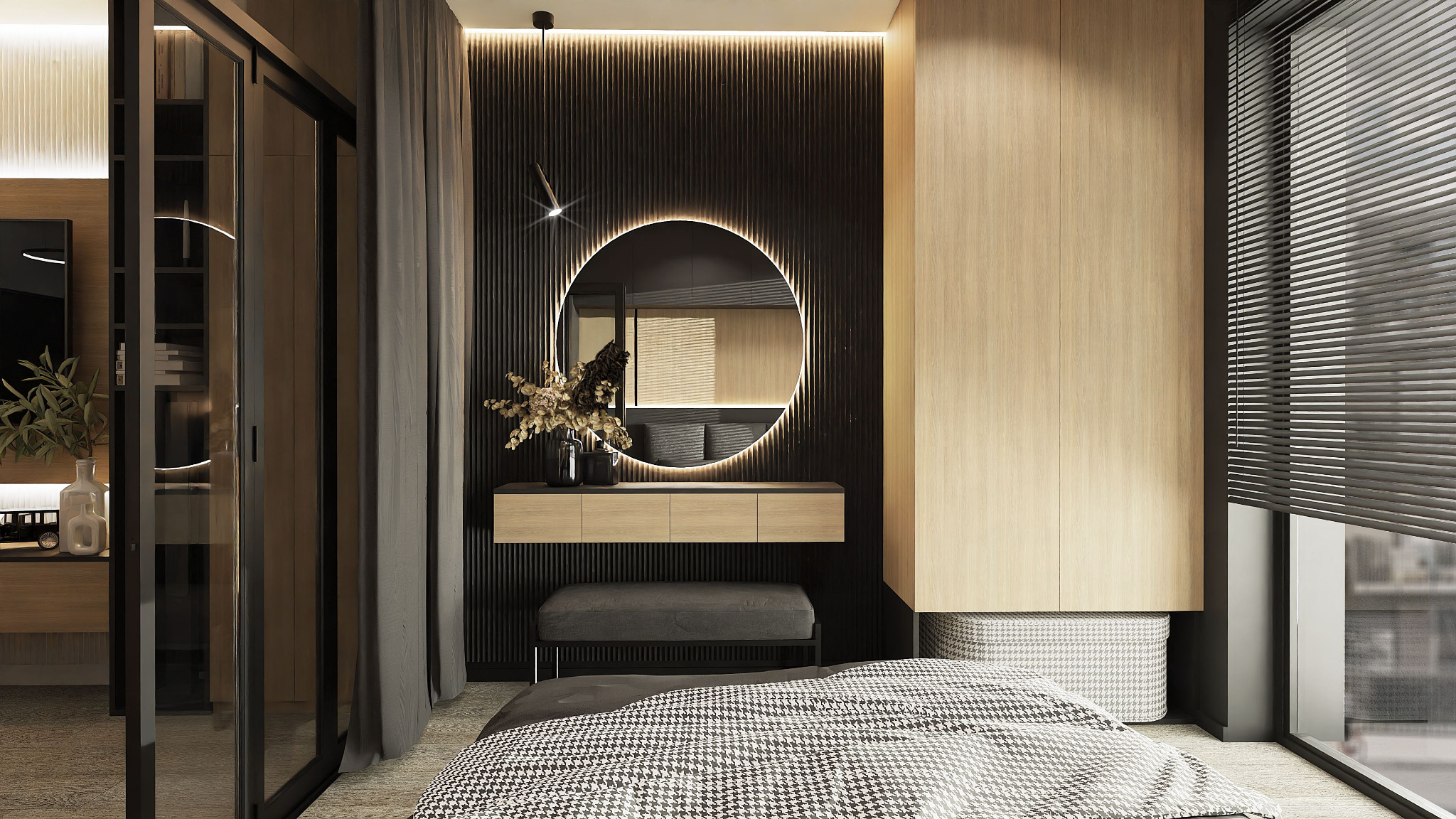 Nowoczesna sypialnia z łóżkiem w pepitkę, toaletką z okrągłym lustrem podświetlanym LED, czarną ścianą z pionowymi panelami i drewnianą szafą.