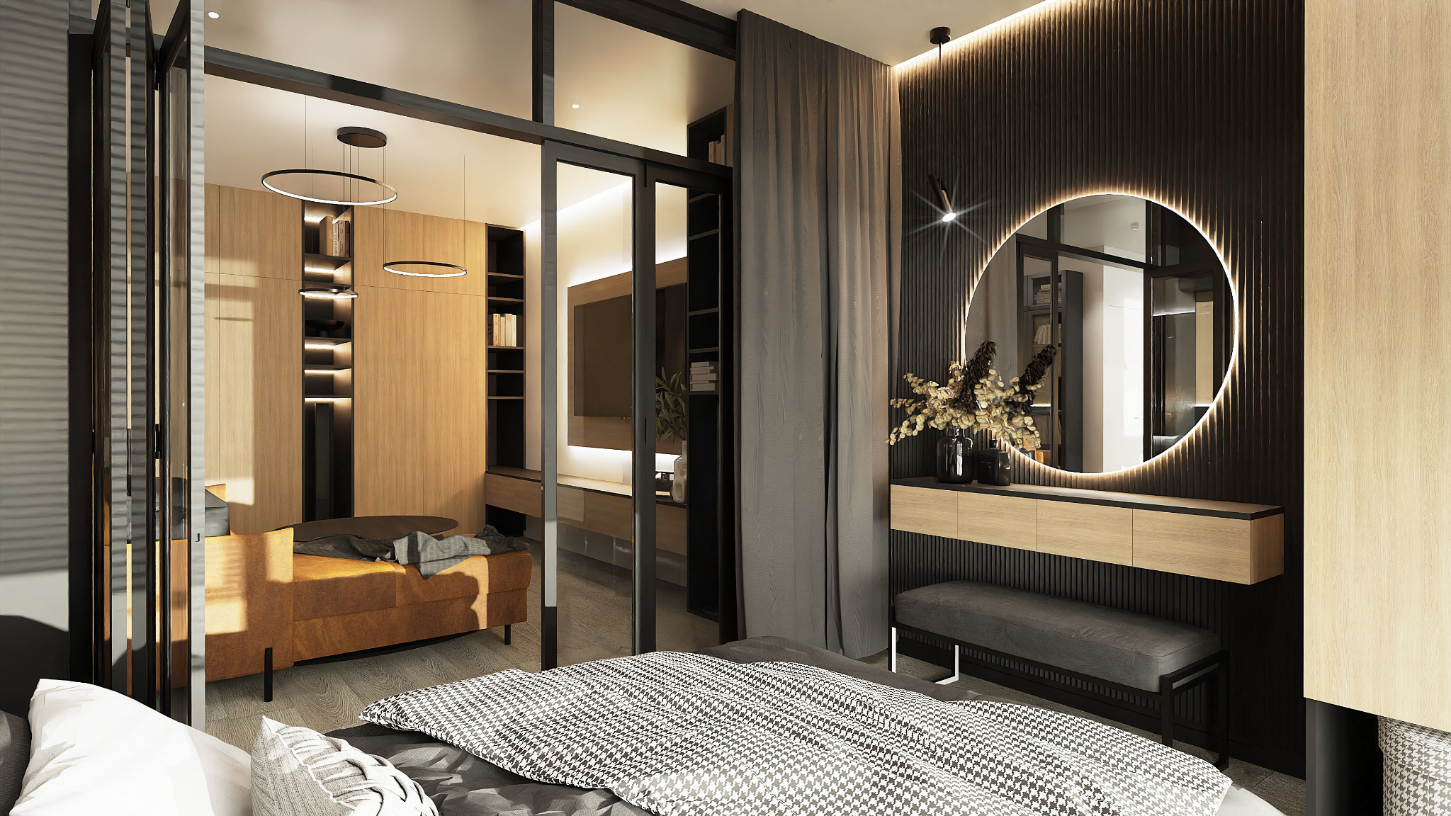 Nowoczesna sypialnia z łóżkiem w czarno-białą pepitkę, okrągłym lustrem podświetlanym LED na tle ściany z pionowych paneli, garderoba oddzielona szklanymi drzwiami przesuwnymi.
