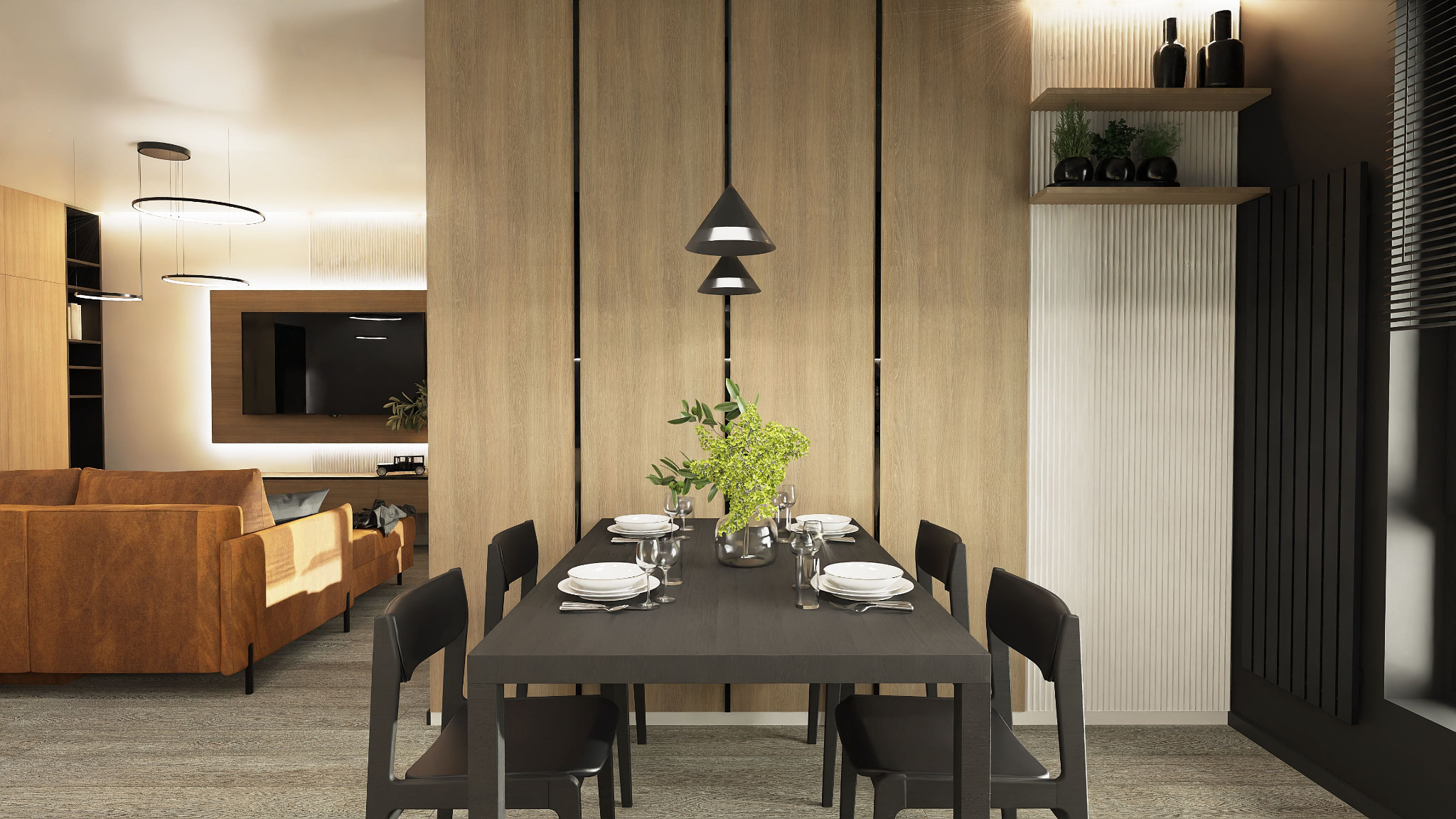 Nowoczesna jadalnia w Warszawie z ciemnym drewnianym stołem, czarnymi krzesłami, minimalistyczną lampą wiszącą i dekoracyjną ścianą z drewnianymi panelami oraz półkami z roślinami.