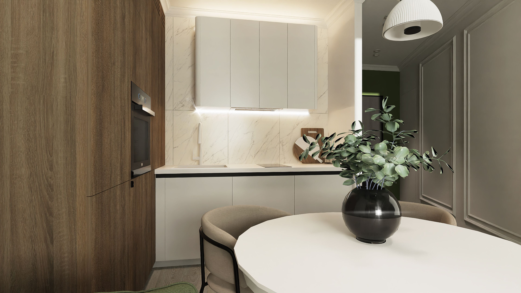 Wizualizacja jasnej kuchni z drewnianymi akcentami: zabudowa kuchenna z piekarnikiem, marmurowe ściany, okrągły stół z rośliną w wazonie.