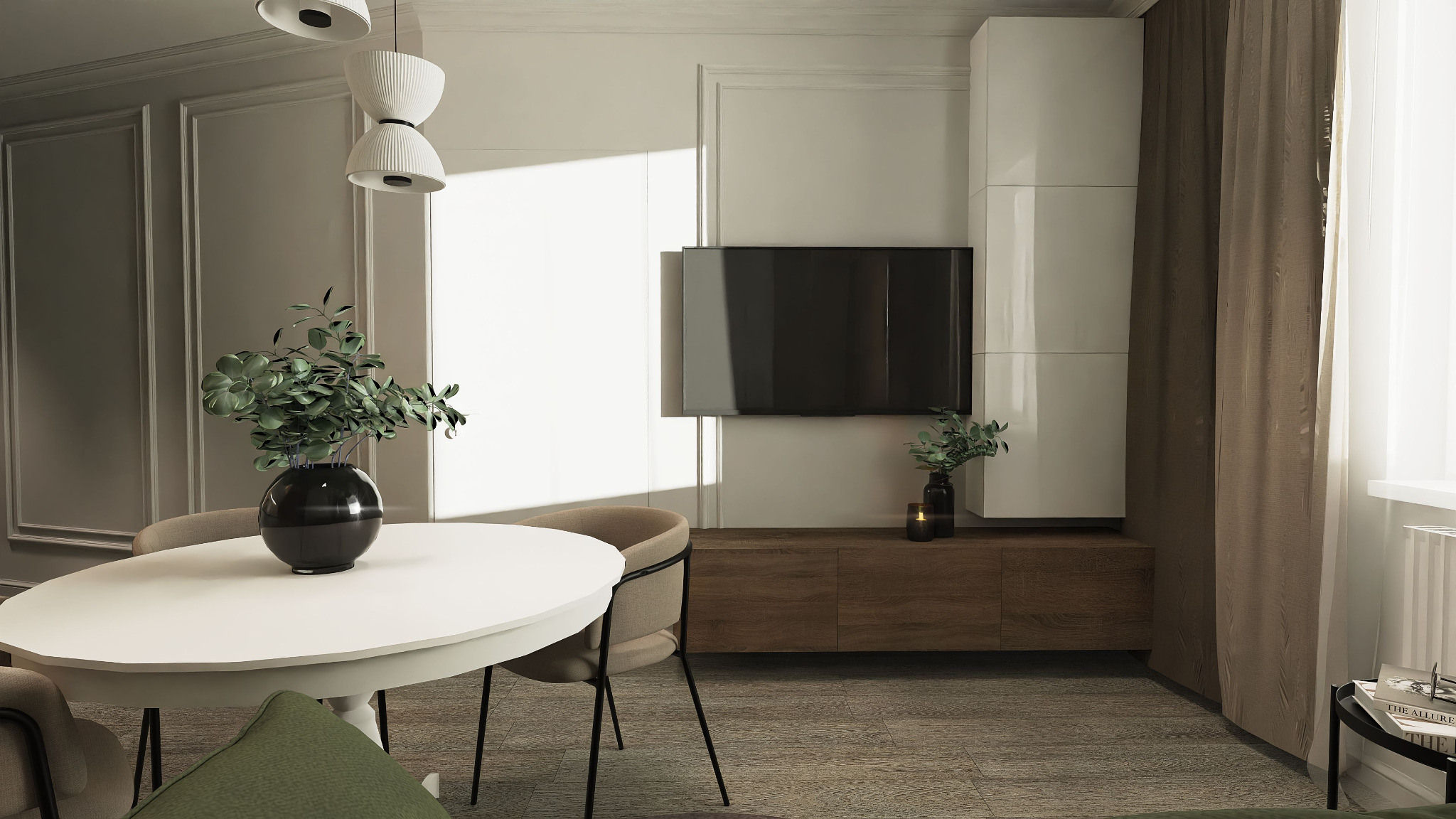 Wizualizacja salonu z jadalnią: biały stół z czarnymi nogami, bukiet w czarnym wazonie, telewizor na ścianie, biała szafka i brązowe zasłony.