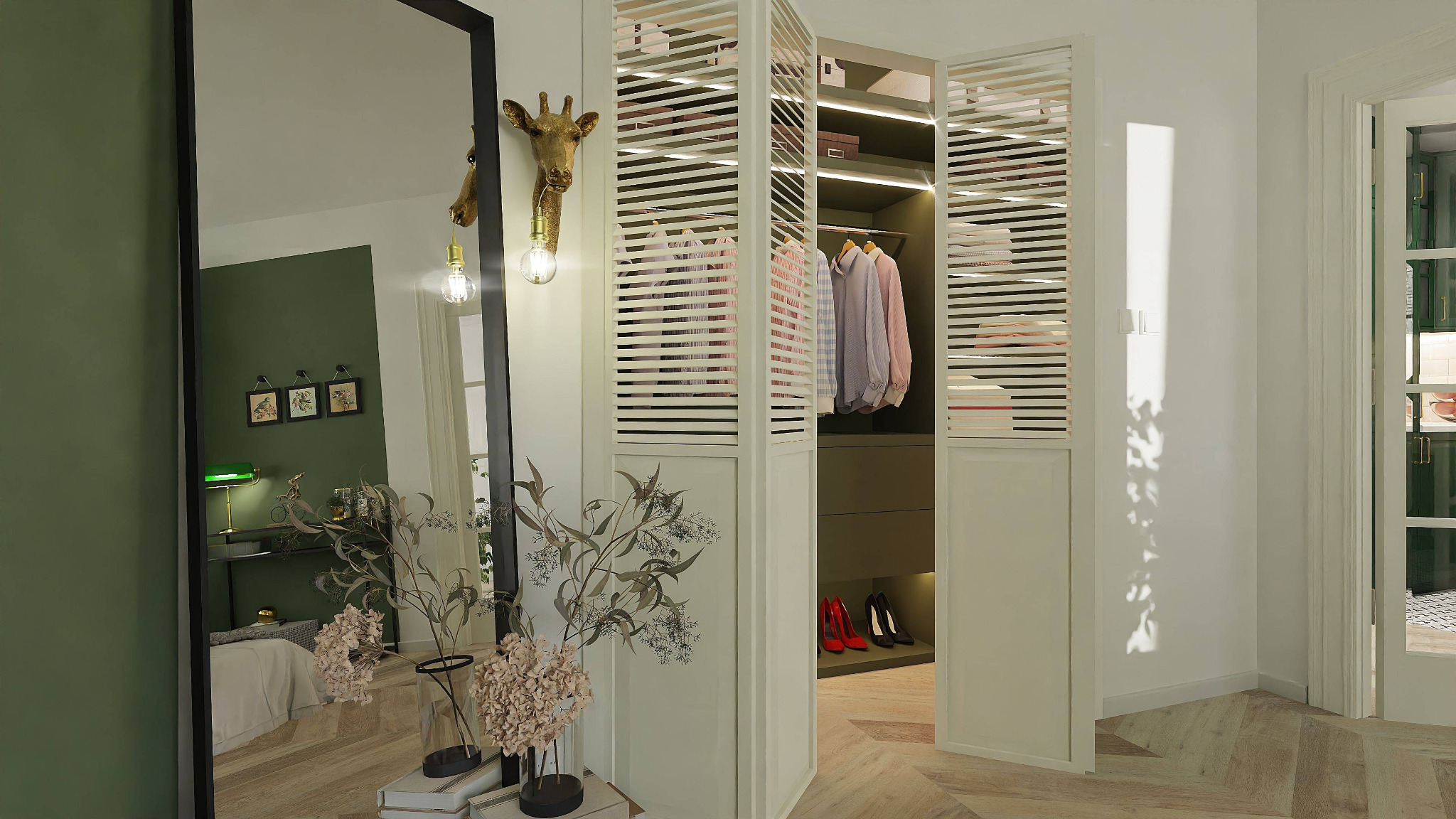 Nowoczesna garderoba z przesuwnymi drzwiami lamelowymi, oświetleniem LED i kolekcją ubrań, z dekoracyjnym lustrem i rzeźbą żyrafy w tle.