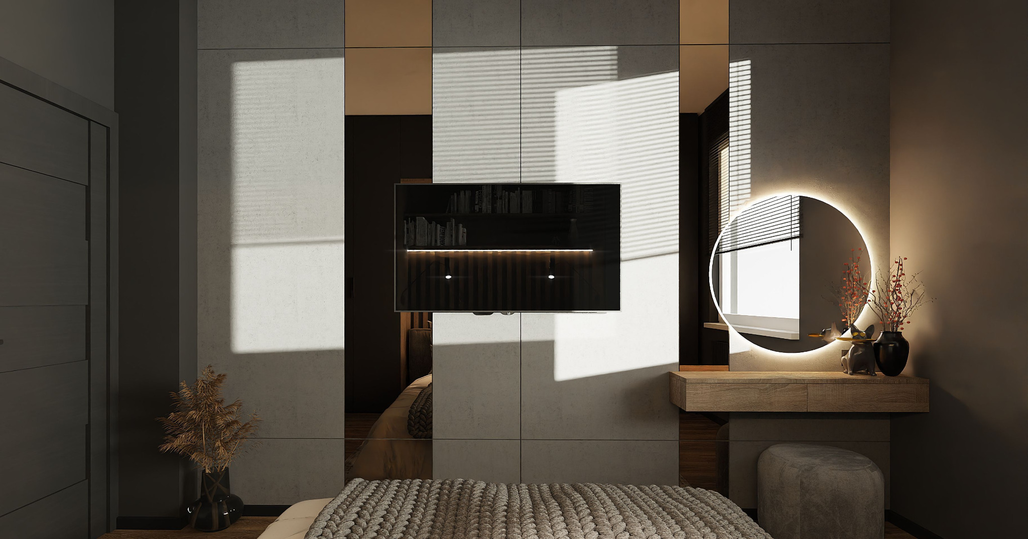 Nowoczesna sypialnia z dużym lustrem, telewizorem wbudowanym w ścianę i toaletką z okrągłym, podświetlanym lustrem, utrzymana w stonowanej kolorystyce z akcentami dekoracyjnymi.