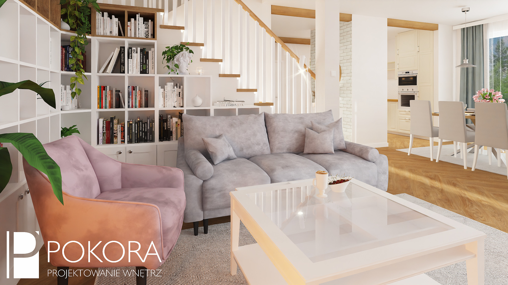 Jasne wnętrze domu z schodami i biblioteczką, szary sofa z poduszkami, różowy fotel, biały stolik kawowy z napojem i owocami, jadalnia w tle, styl nowoczesny.