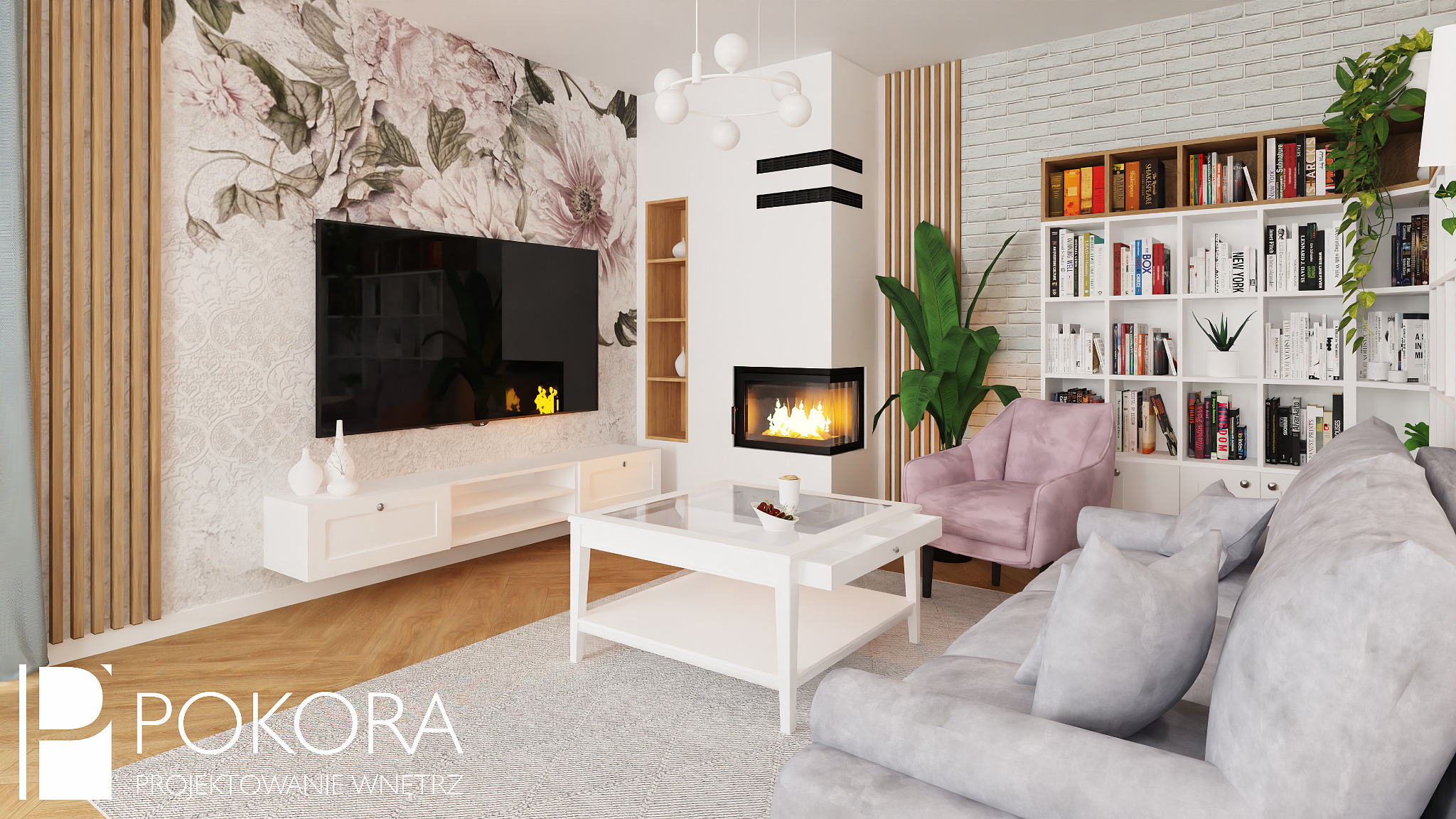 Wizualizacja salonu z kominkiem narożnym, telewizorem na ścianie z tapetą w kwiaty i białymi meblami, z widoczną biblioteczką, fotelem w kolorze pudrowego różu i kanapą w odcieniach szarości.