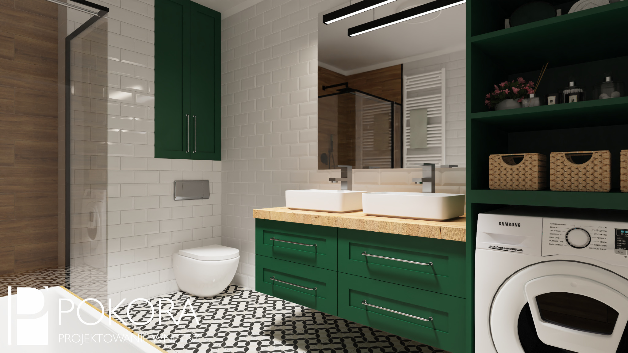 Nowoczesna łazienka z zielonymi szafkami pod umywalką, białymi umywalkami nablatowymi, toaletą i pralką, białe kafelki na ścianach, wzorzysta podłoga oraz kabina prysznicowa z drewnianym wykończeniem.