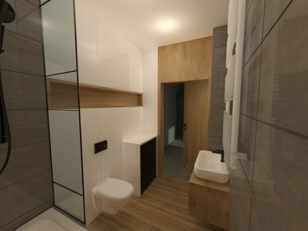 Wizualizacja nowoczesnej łazienki z kabiną prysznicową ze szklanymi ściankami, podwieszaną toaletą, umywalką nablatową i grzejnikiem drabinkowym z ręcznikami.