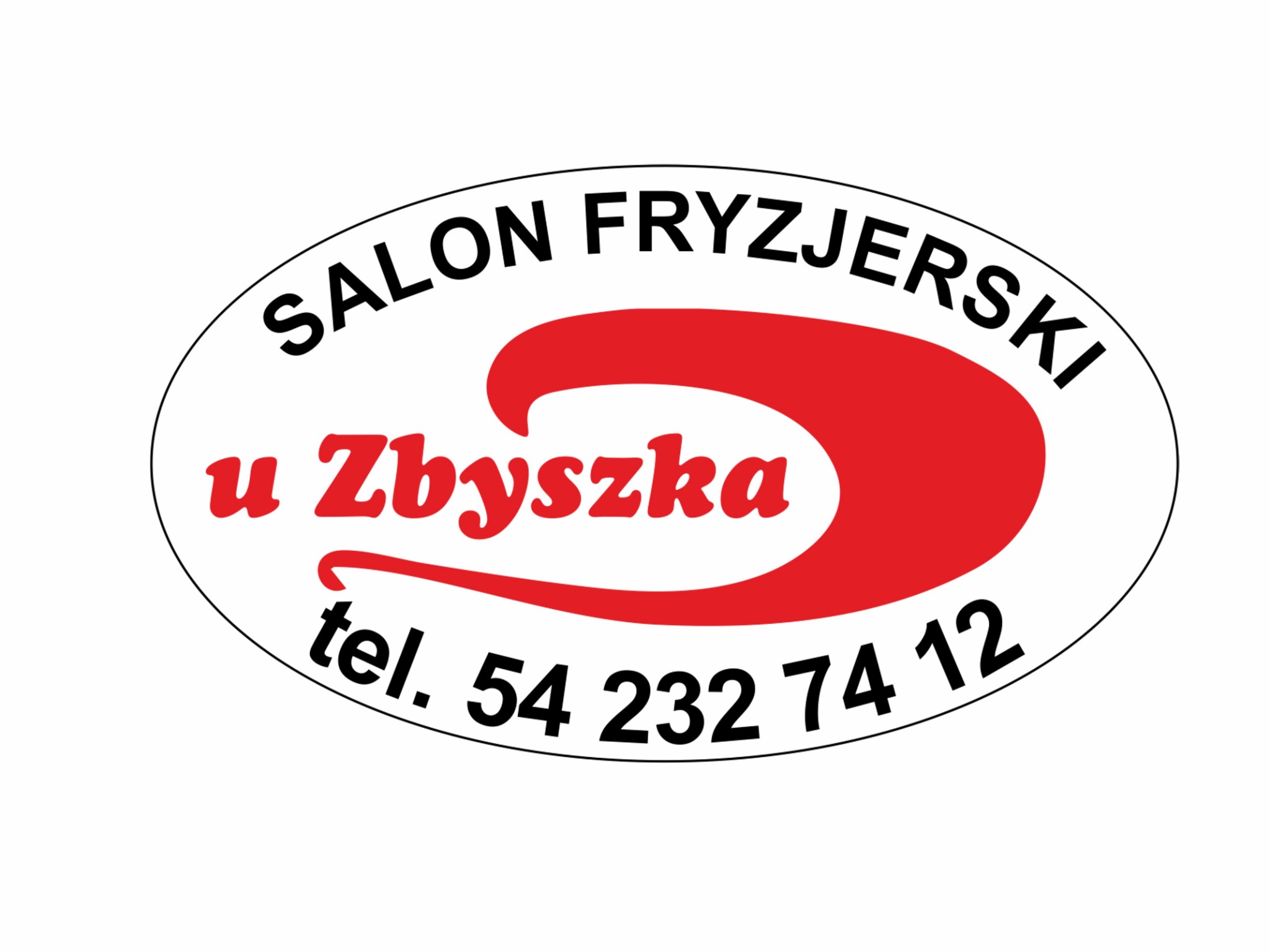 Owalne logo salonu z napisem 'Salon Fryzjerski u Zbyszka' i numerem telefonu, czerwony element graficzny przypominający falę.