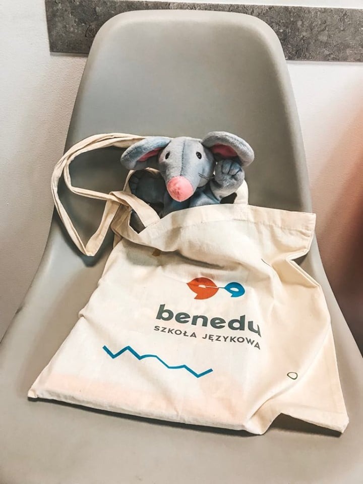 Pluszowa myszka w torbie z logo szkoły językowej Benedu siedzi na krześle, z podniesioną łapką.