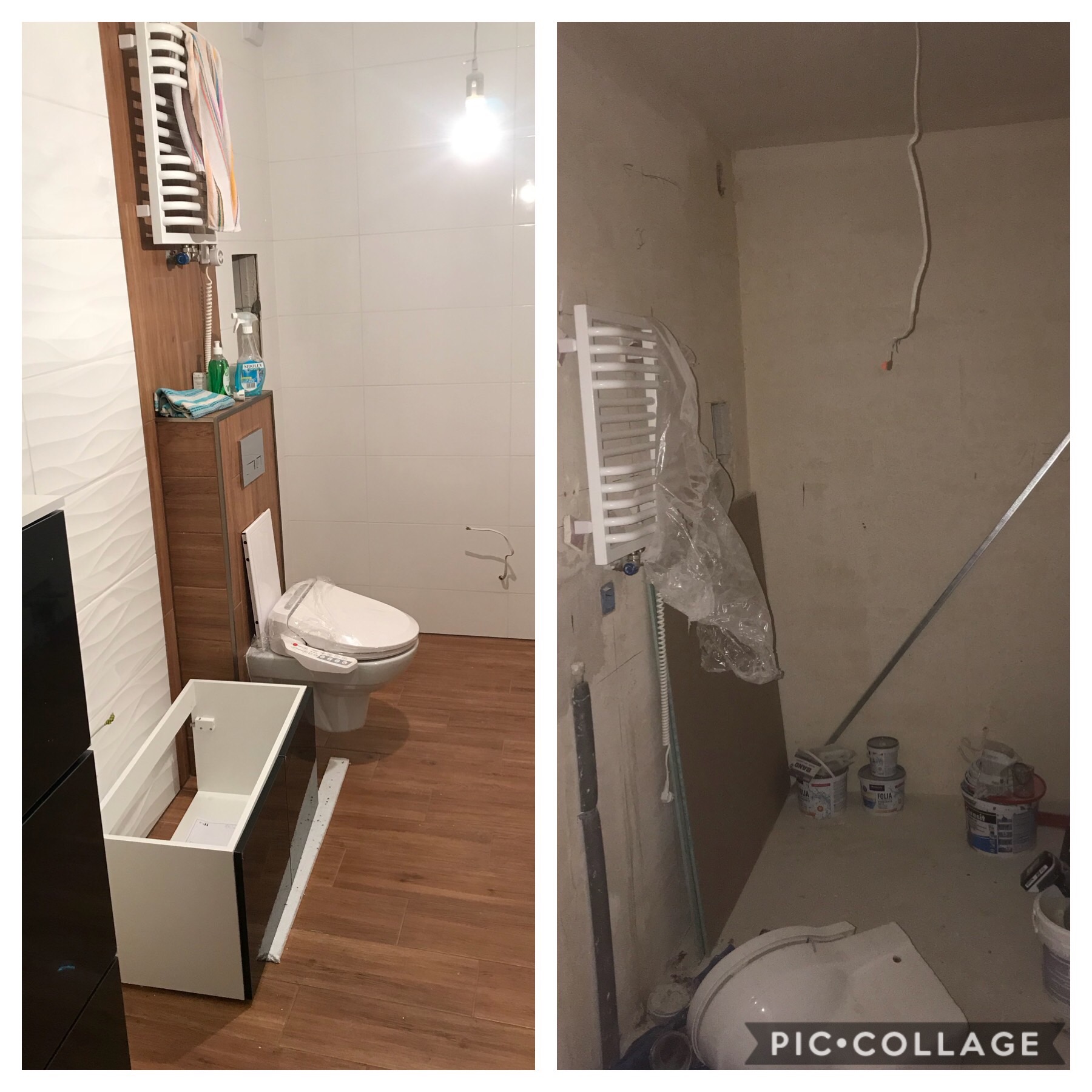 Porównanie stanu łazienki przed i po remoncie: po lewej stronie wykończona łazienka z podwieszaną toaletą z bidetem, zabudową i grzejnikiem drabinkowym, po prawej stronie surowy stan z widocznymi...