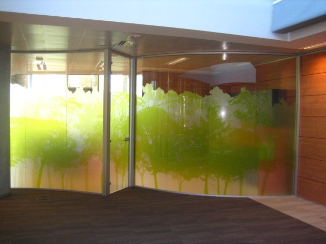 Szklane ściany działowe z motywem leśnym w odcieniach zieleni, oddzielające przestrzeń biurową z brązową podłogą.