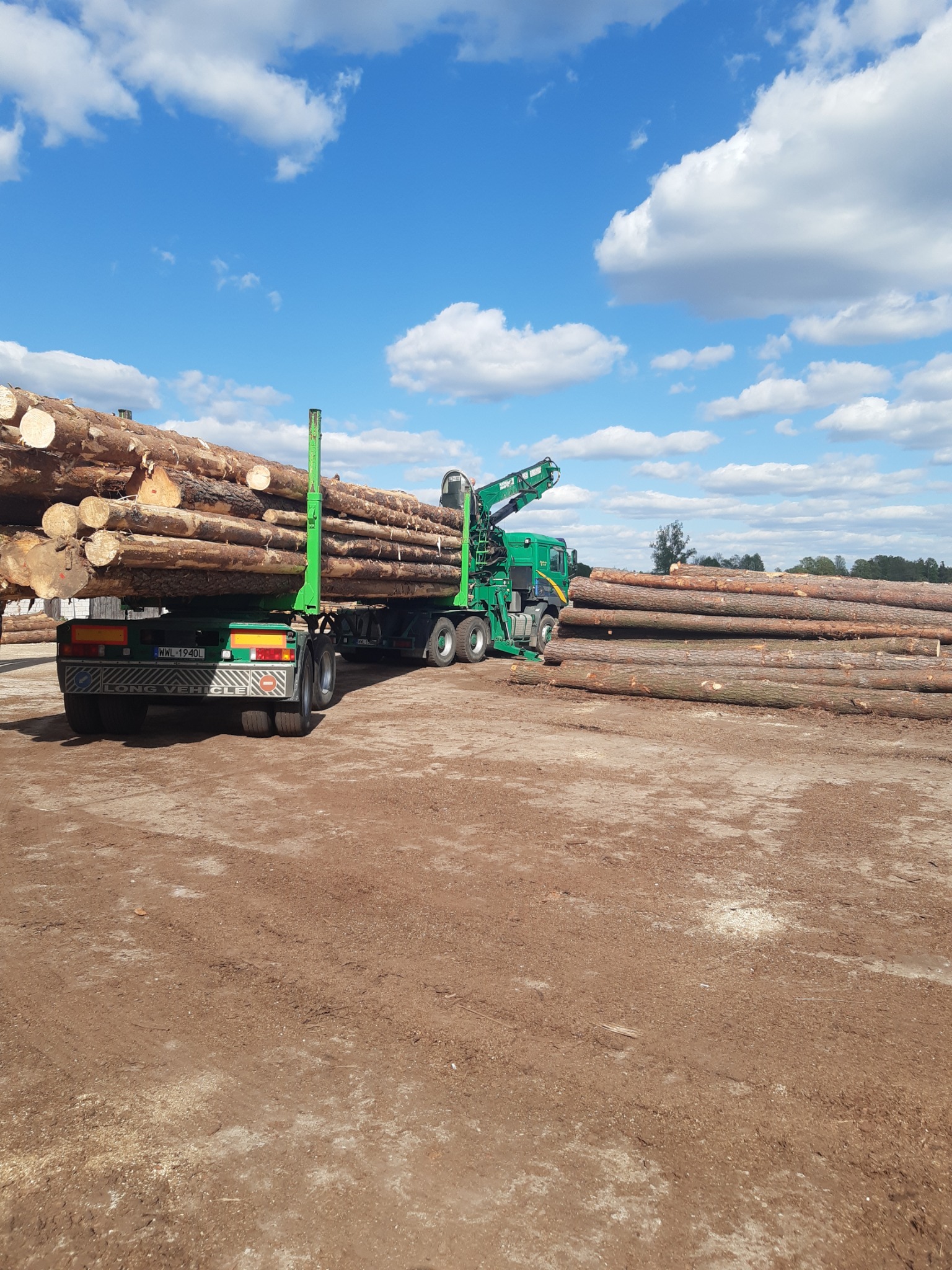 Ciężarówka z dźwigiem załadowana drewnem na placu składowym, widoczne stosy pni drzew na ziemi, błękitne niebo z chmurami w tle.