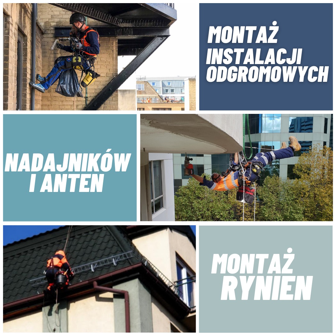 Kolaż zdjęć przedstawiających osoby pracujące na wysokościach przy użyciu lin, w tym instalacja odgromowa na budynku ceglanym ze schodami przeciwpożarowymi, montaż anten na budynku biurowym...