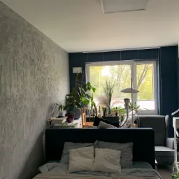 Sypialnia z dekoracyjną szarą ścianą o fakturze betonu, ciemnoniebieską ścianą za oknem i białymi szafkami wiszącymi, rośliny w doniczkach na tle okna.