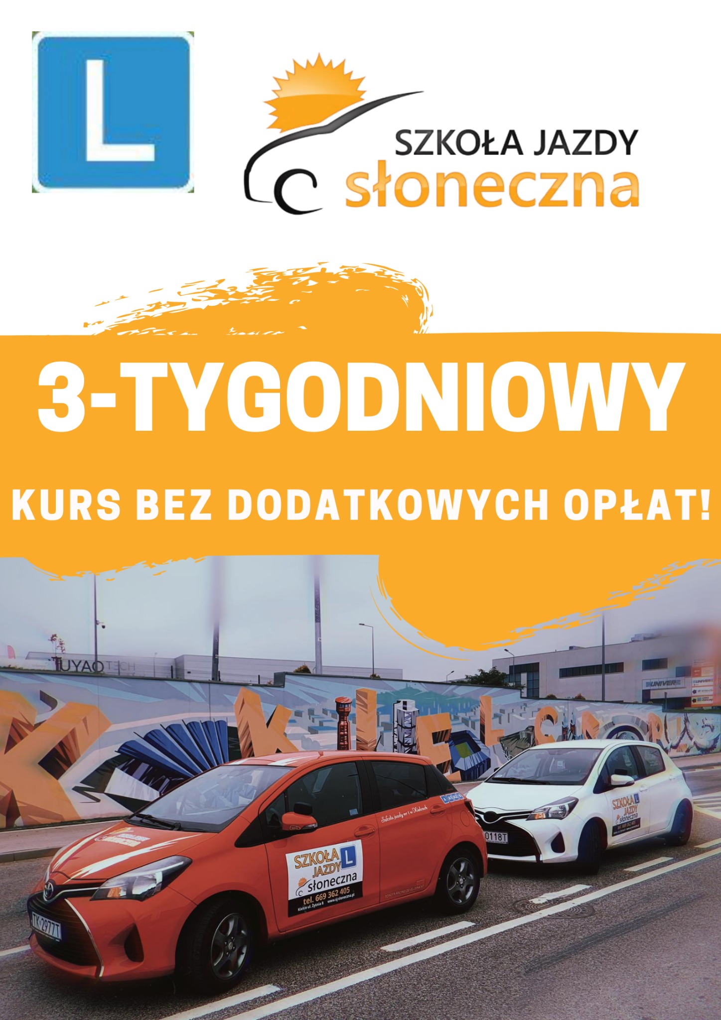 Promocja 3-tygodniowego kursu nauki jazdy z pomarańczowym i białym autem na tle miejskiego krajobrazu z graffiti.