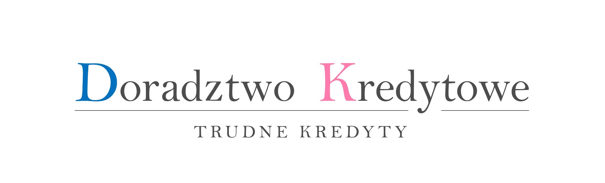 Logo firmy oferującej doradztwo kredytowe, z napisem 'Doradztwo Kredytowe' w kolorach niebieskim i różowym, oraz hasłem 'Trudne Kredyty' poniżej.