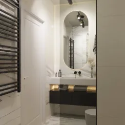 Wizualizacja nowoczesnej łazienki z owalnym lustrem z podświetleniem LED, czarną armaturą, marmurowymi płytkami i grzejnikiem drabinkowym w kolorze czarnym.