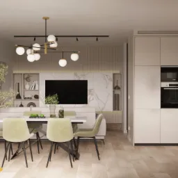 Wizualizacja jasnego salonu z aneksem kuchennym, stół z zielonymi krzesłami, modernistyczna lampa wisząca, marmurowa ściana z telewizorem, drewniana podłoga.