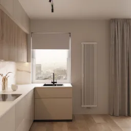 Wizualizacja nowoczesnej kuchni z drewnianymi i beżowymi szafkami, czarną armaturą przy oknie z widokiem na miasto, białym grzejnikiem i zasłoną w odcieniach szarości.