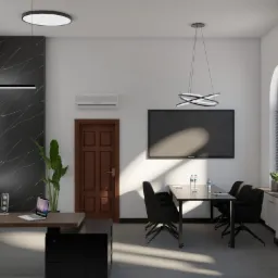 Wizualizacja nowoczesnego biura z biurkiem, komputerem, laptopem, stołem konferencyjnym z krzesłami, oświetleniem LED i elementami dekoracyjnymi z motywem marmuru.