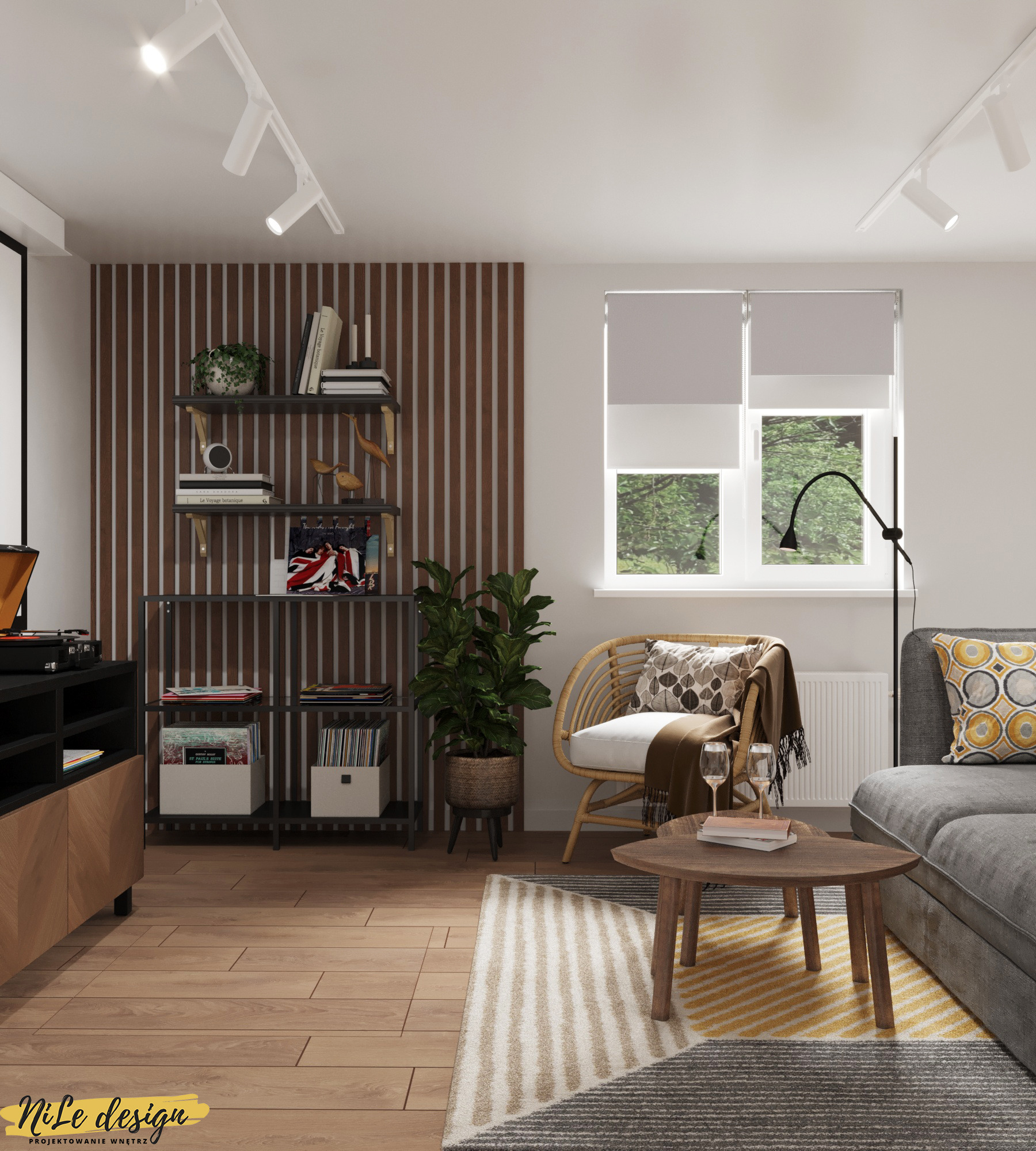 Wizualizacja salonu z drewnianą podłogą, szarą sofą z żółtą poduszką, wiklinowym fotelem, okrągłym stolikiem kawowym z dwoma kieliszkami i książkami, regałem z płytami winylowymi i dekoracjami...