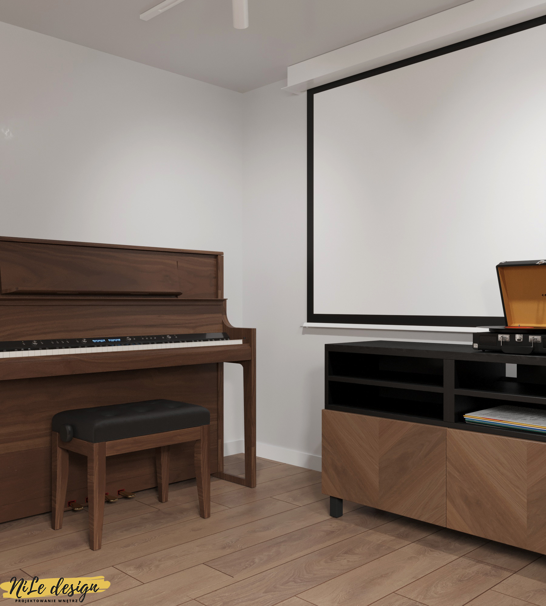 Wnętrze pokoju z pianinem cyfrowym w drewnianej obudowie, czarnym stołkiem, szafką RTV z gramofonem i płytami oraz ekranem projekcyjnym.