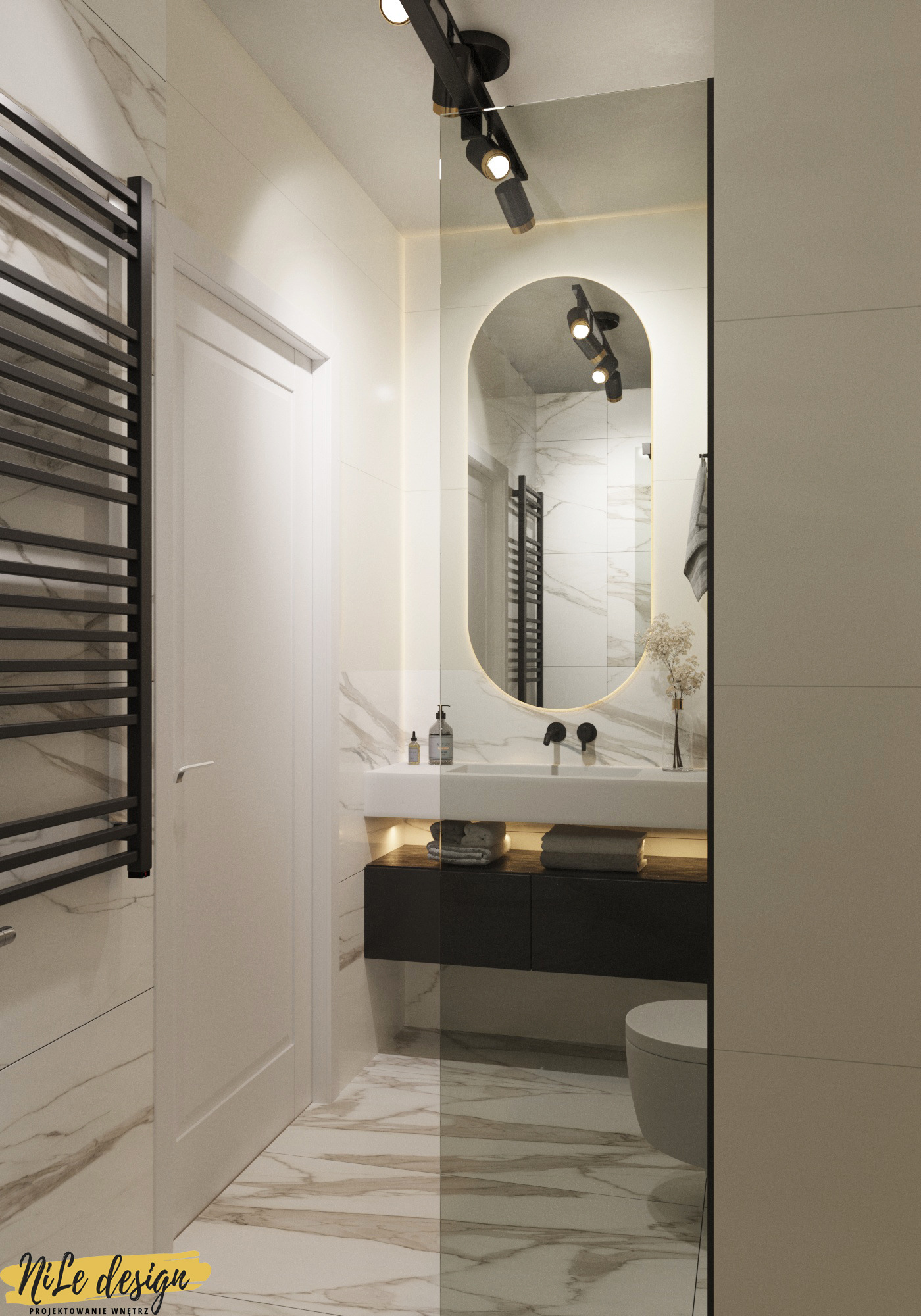 Wizualizacja nowoczesnej łazienki z owalnym lustrem z podświetleniem LED, czarną armaturą, marmurowymi płytkami i grzejnikiem drabinkowym w kolorze czarnym.