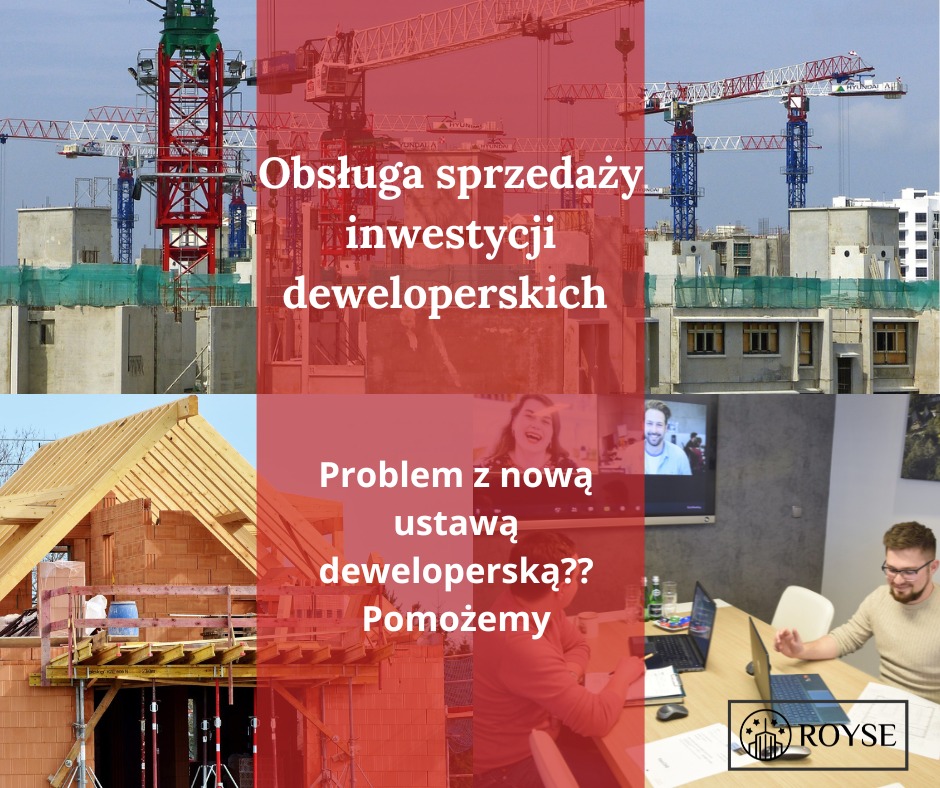 Kompozycja z fragmentów zdjęć: budowa bloku mieszkalnego z żurawiami, konstrukcja dachu z cegieł, wideokonferencja i mężczyzna pracujący przy laptopie z logo firmy.