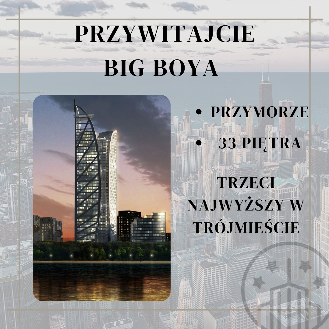 Wizualizacja dwóch nowoczesnych wieżowców o unikalnej architekturze, odbijających się w wodzie, na tle panoramy miasta i hasła 'PRZYWITAJCIE BIG BOYA' na grafice w stylu infografiki.
