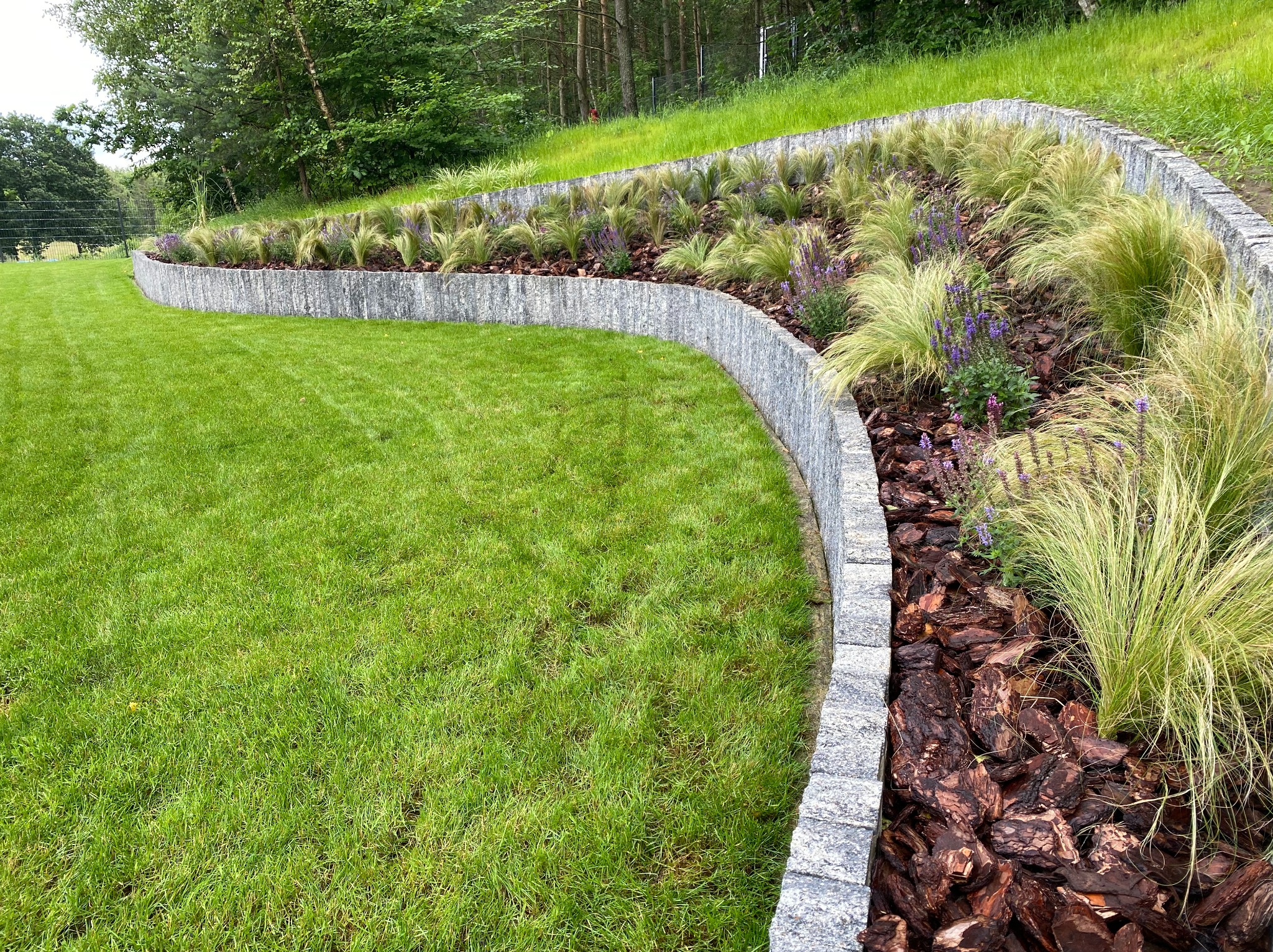 Kaskadowy ogród z kamienną obudową, ozdobnymi trawami i korą. Ujęcie z poziomu trawnika, podkreślające łagodny spadek terenu i estetyczne wykończenie rabat.
