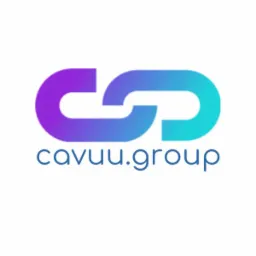 Logo firmy cavuu.group przedstawiające spleciony, gradientowy symbol w odcieniach fioletu i turkusu nad nazwą firmy napisaną granatową czcionką na białym tle.