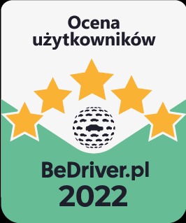 Grafika z napisem 'Ocena użytkowników', pięcioma złotymi gwiazdkami, logotypem BeDriver.pl i rokiem 2022 na zielonym tle.