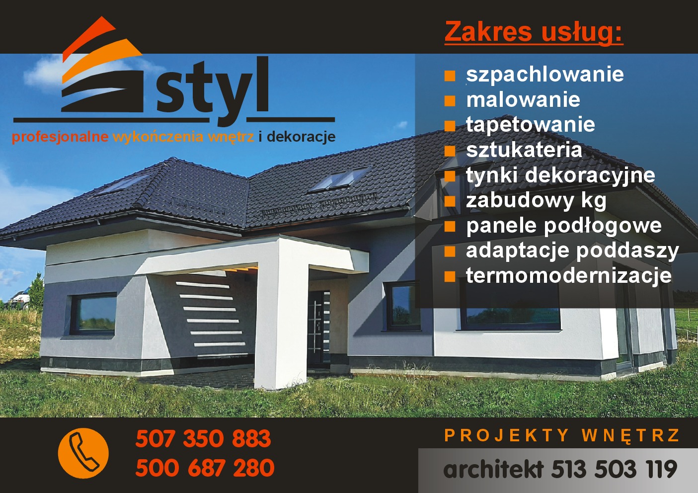 Wizualizacja domu jednorodzinnego z płaskim dachem, ocieplonego i pomalowanego na szaro i biało z logo firmy oferującej profesjonalne wykończenia wnętrz i dekoracje oraz zakres usług: szpachlowanie...