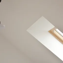 Poddasze z oknem dachowym o drewnianej ramie i lampą sufitową z czarnym kablem, widok z dołu.