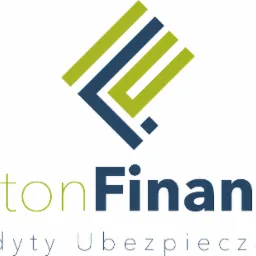 Logo firmy Foton Finanse z abstrakcyjnym symbolem w kolorach zieleni i granatu, pod spodem nazwa firmy i hasło: Kredyty Ubezpieczenia.