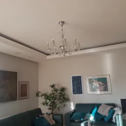 Jasne wnętrze salonu z dekoracyjnym podwieszanym sufitem, kryształowym żyrandolem i ścianami w neutralnym odcieniu szarości, uzupełnione trzema obrazami i zieloną rośliną doniczkową.