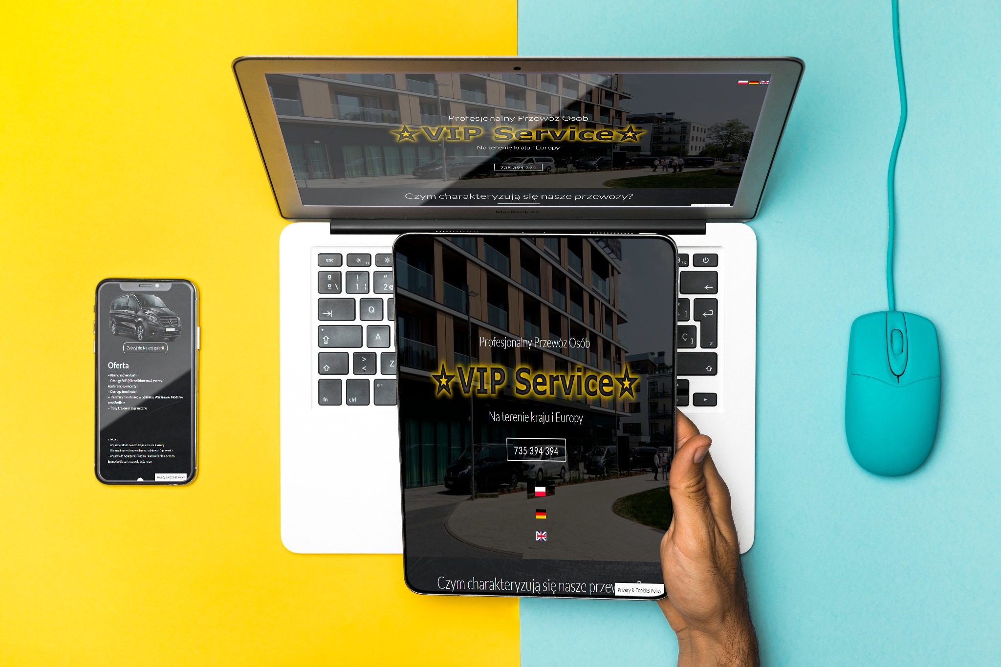 Ekran laptopa, tabletu i smartfona wyświetlające stronę internetową firmy transportowej VIP Service na żółto-niebieskim tle, z widocznym kursorem myszy.