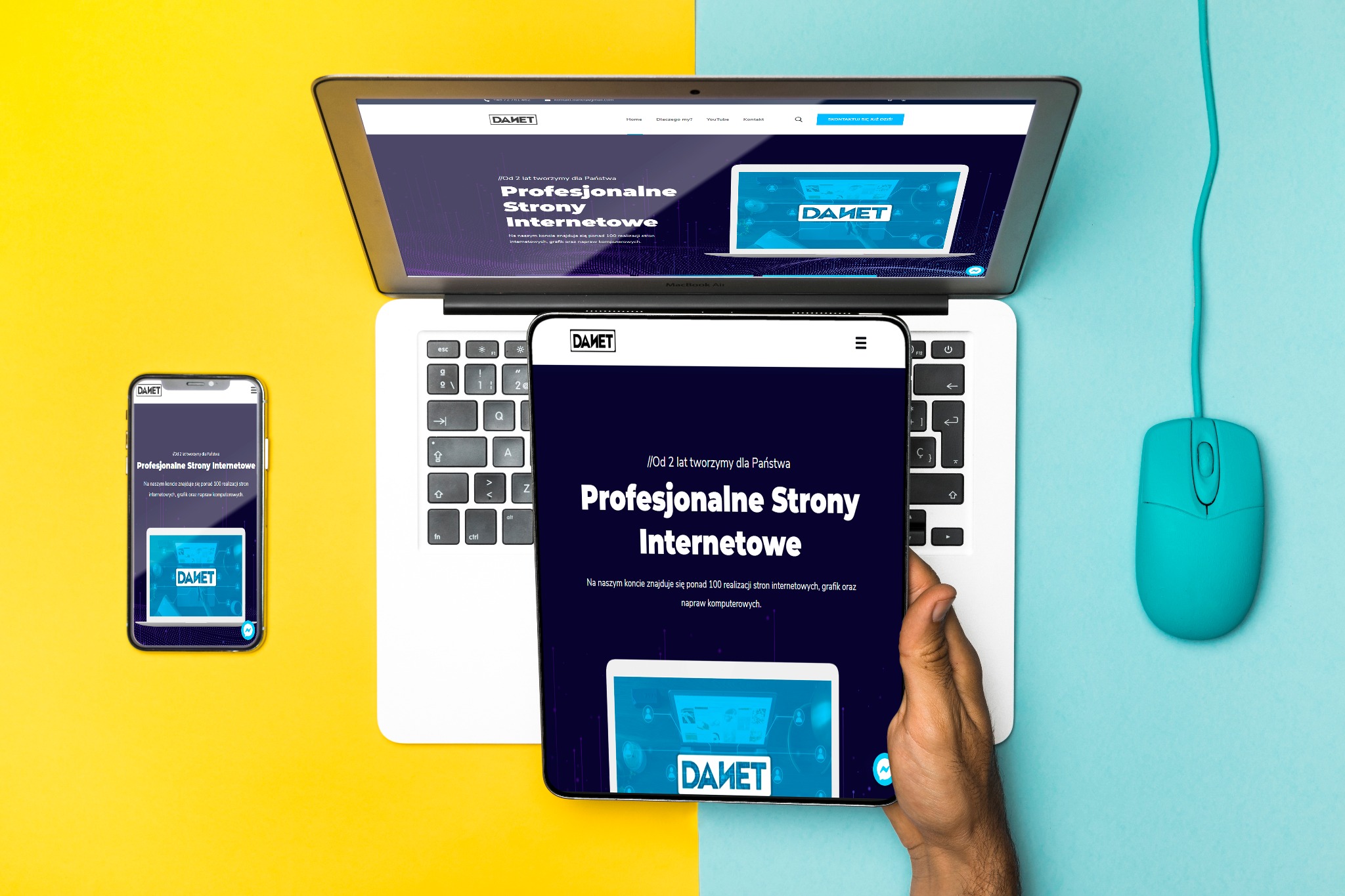 Laptop, tablet i smartfon wyświetlające tę samą stronę internetową firmy DAMET na tle żółto-turkusowym z myszką komputerową w kolorze turkusowym.