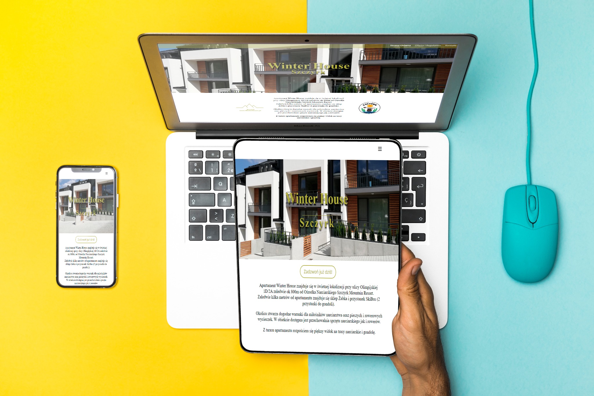 Responsywna strona internetowa Winter House Szczyrk wyświetlana na laptopie, tablecie i smartfonie, na żółto-niebieskim tle z turkusową myszką.