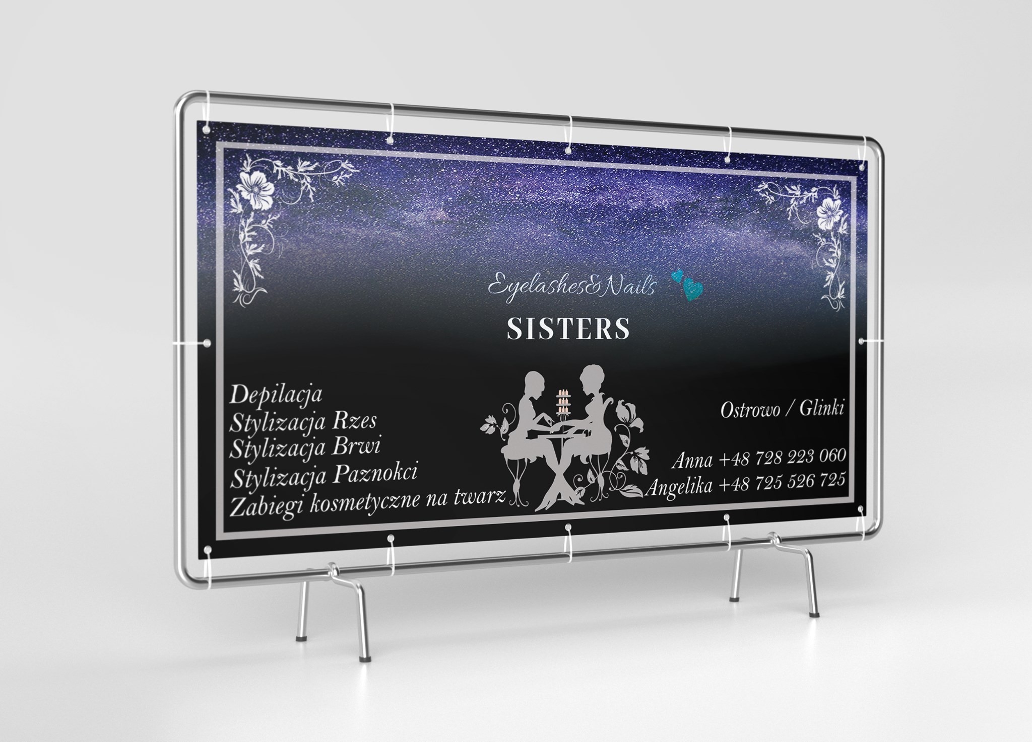 Reklama salonu kosmetycznego Eyelashes & Nails Sisters na stojaku, prezentująca ofertę: depilacja, stylizacja rzęs, brwi, paznokci i zabiegi kosmetyczne na twarz, z podanym adresem i numerami...