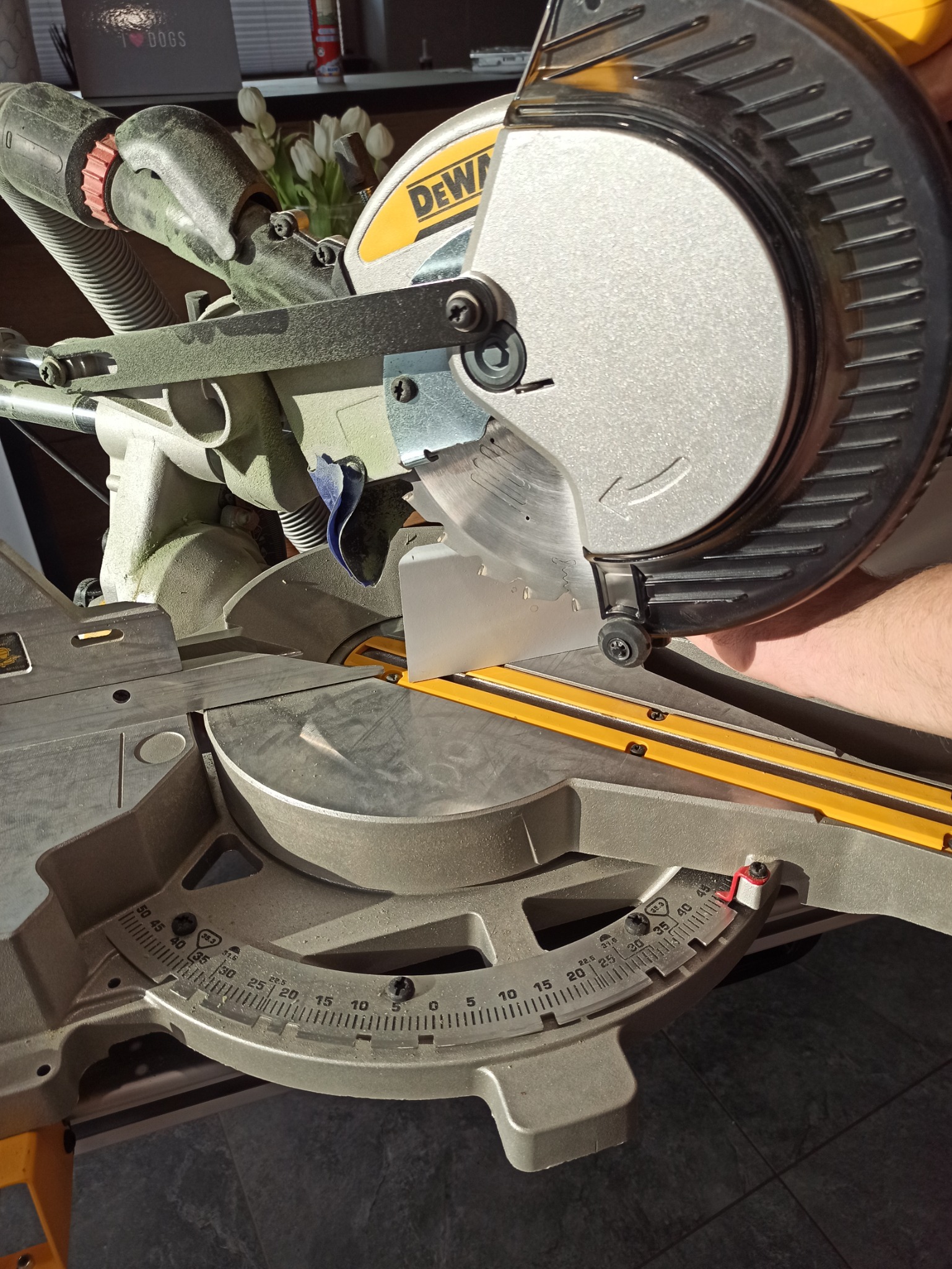 Używana ukośnica DeWalt z tarczą tnącą, widoczna skala kątowa i osłona tarczy, w tle bukiet białych tulipanów.