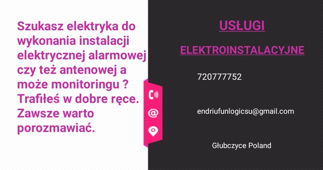 Grafika reklamowa usług elektroinstalacyjnych, alarmowych i antenowych z numerem telefonu, adresem e-mail i lokalizacją Głubczyce.
