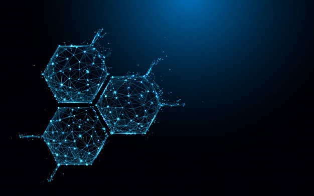 Abstrakcyjna wizualizacja struktury molekularnej w formie połączonych sześciokątów z niebieskich linii i punktów na ciemnym tle.