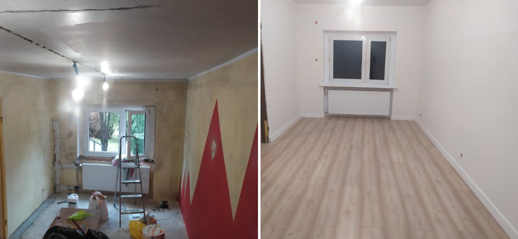 Pokój przed i po: po lewej surowe ściany z resztkami farby, szpachlą i drabina, po prawej odnowiony pokój z jasnymi ścianami, nową podłogą i grzejnikiem pod oknem.