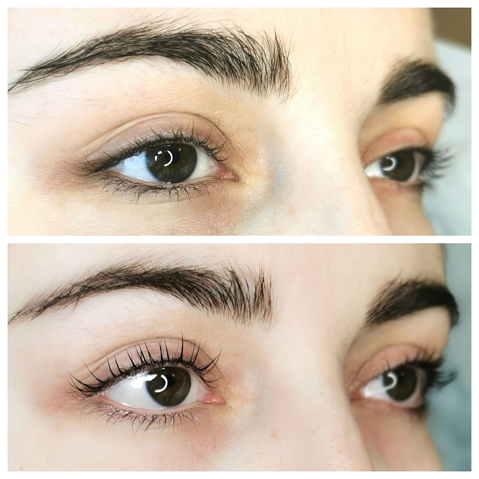 Zbliżenie na oczy przed i po zabiegu liftingu rzęs, ukazujące wyraźną różnicę w uniesieniu i podkręceniu rzęs, z widocznymi brwiami o naturalnym kształcie.