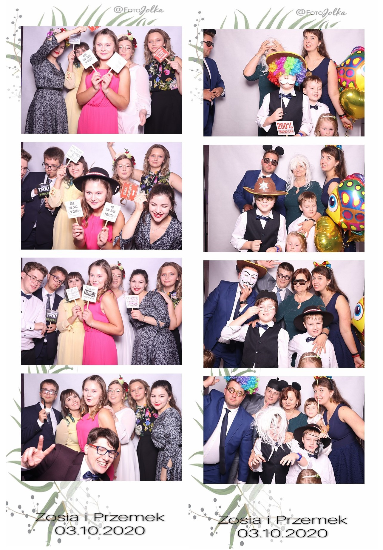 Seria zdjęć z fotobudki: grupy osób w przebraniach, z rekwizytami i napisami, pamiątka z imprezy Zosia i Przemek, 03.10.2020.