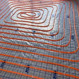 Pomarańczowe rury ogrzewania podłogowego ułożone spiralnie na srebrnej folii z niebieską siatką, przymocowane białymi klipsami.