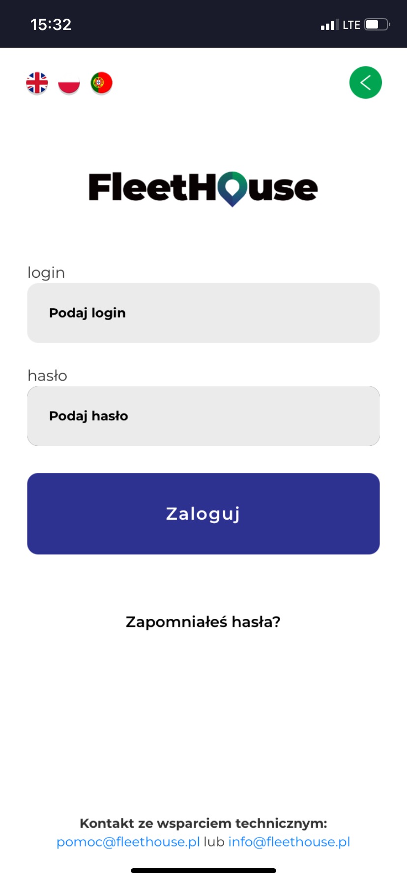 strona logowania- aplikacja mobilna