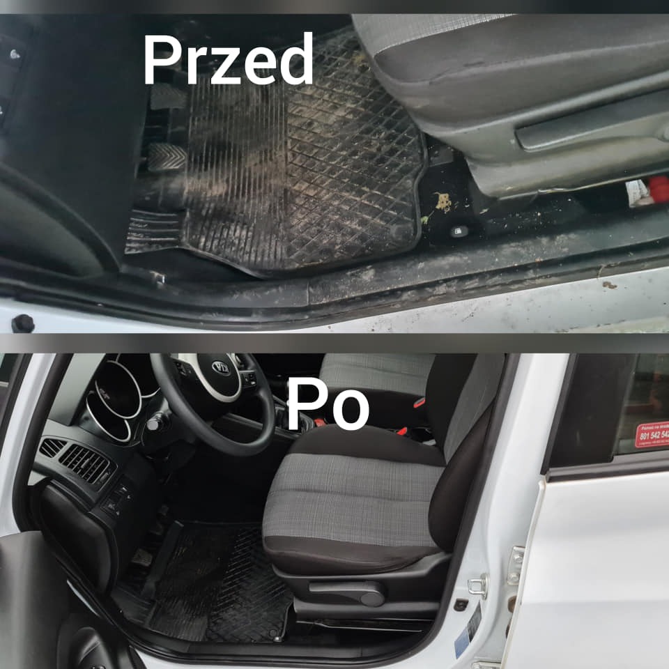 Porównanie wnętrza samochodu przed i po czyszczeniu: brudny dywanik i tapicerka w górnej części, czyste w dolnej.