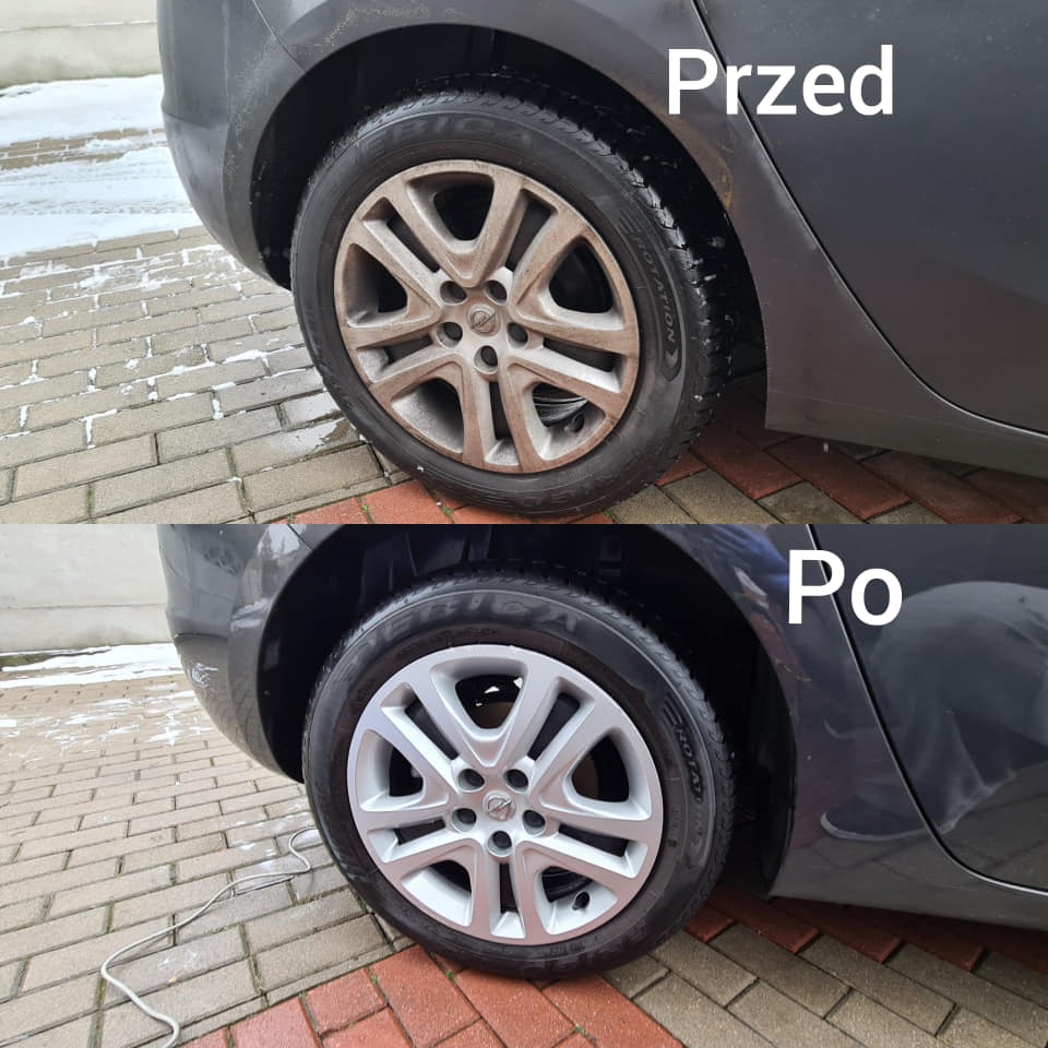 Porównanie koła samochodu przed i po umyciu. Górna część zdjęcia pokazuje brudne koło, a dolna czyste, z błyszczącą felgą i oponą. Widoczny fragment karoserii w kolorze ciemnoszarym.
